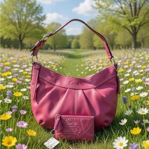 Coach Pink Leather Hobo Shoulder Bag with a card holder keychain wallet